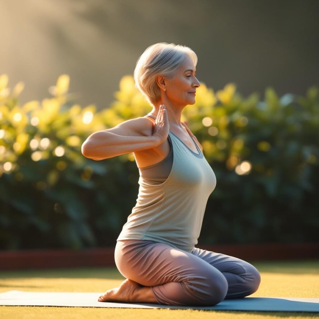 Faça a imagem de uma mulher de 60 anos fazendo yoga