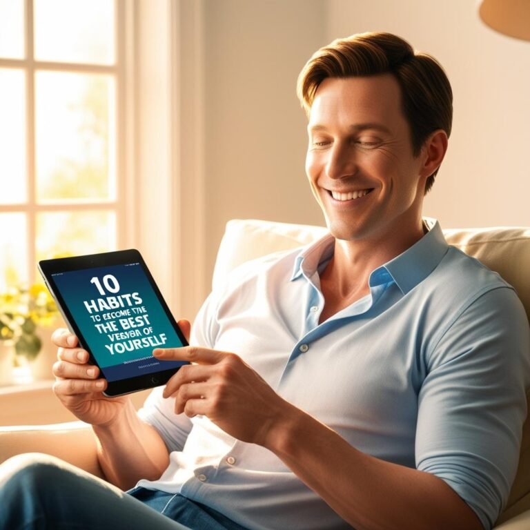 Faça uma imagem de uma pessoa feliz, lendo um e-book, no seu ipad, de forma confortável com o título_ 10 Hábitos para Se Tornar a Melhor Versão de Si Mesmo